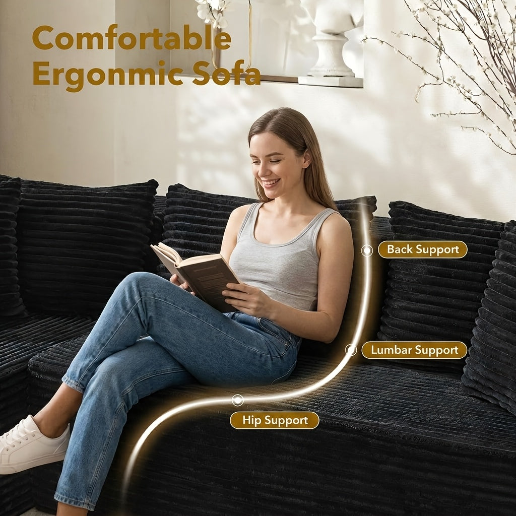 96.1-inch Modern Modular L-shaped Combination Sofa, 3-seater Corduroy Fabric with Deep Seat Oversized Left Facing Lounge Chair, Invertebrate 3-seater Sofa, No Assembly Required, Cat Paw Resistant - Suitable for Living Rooms And Apartments