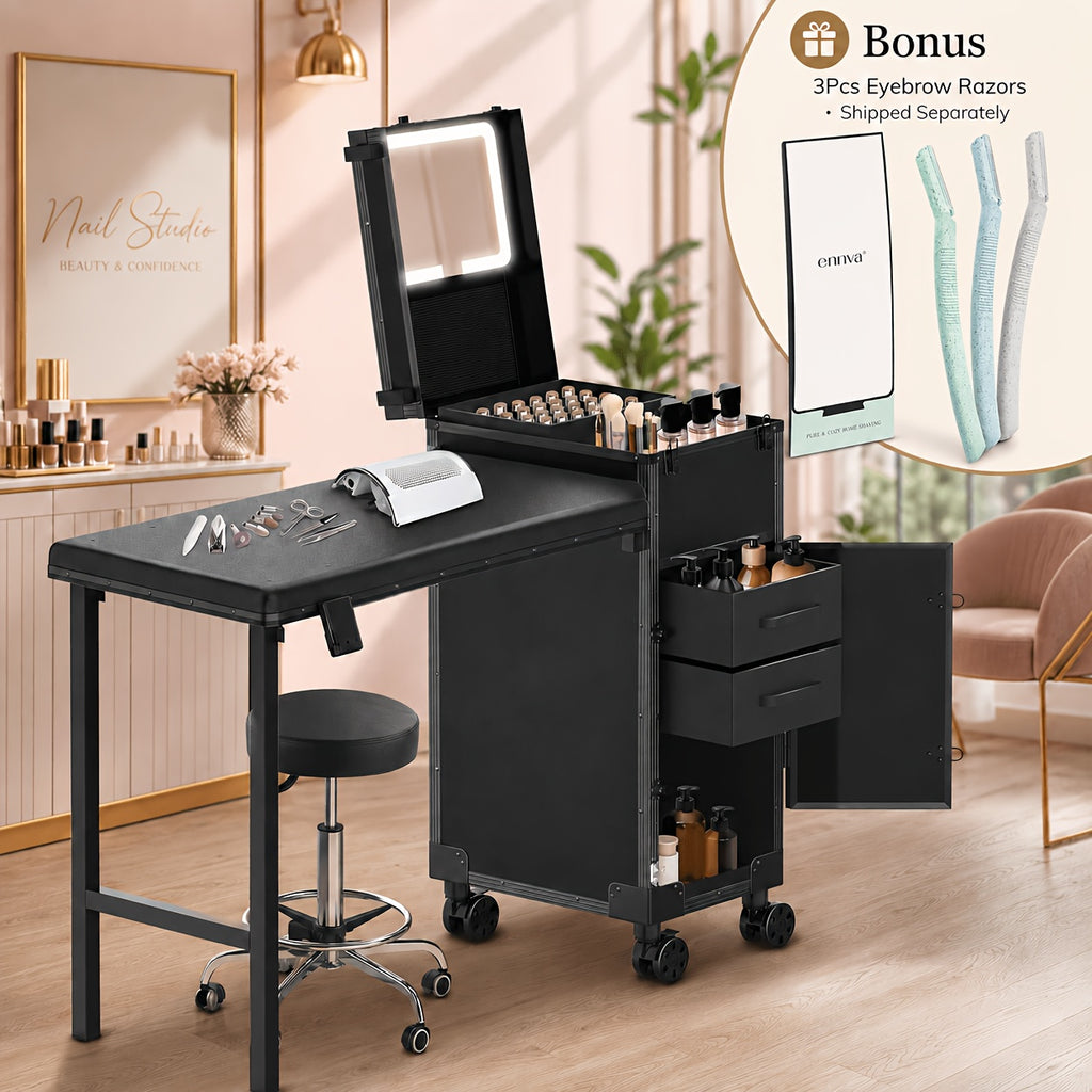 [Portable Foldable Nail Desk] Rolling Portable Manicure Table With Drawers, Mirror And Nail Polish Organizer, Lockable Makeup Train Case, Foldable Nail Desk, Bonus 3pcs Eyebrow Razors