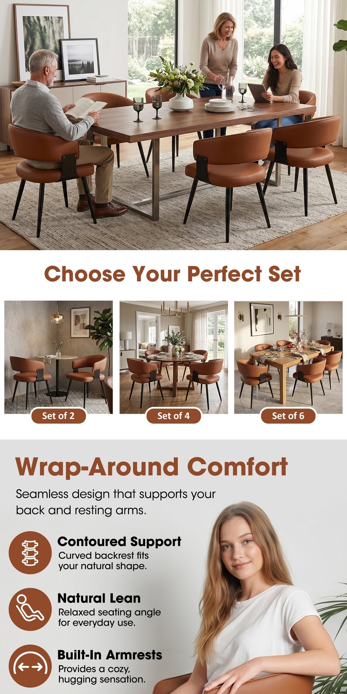 Modern Dining Chairs Set Of 2, Upholstered Faux Leather Kitchen Side Chairs with Curved Open Back, Easy Assembly for Dining Room, Restaurant, Cafe, Warm