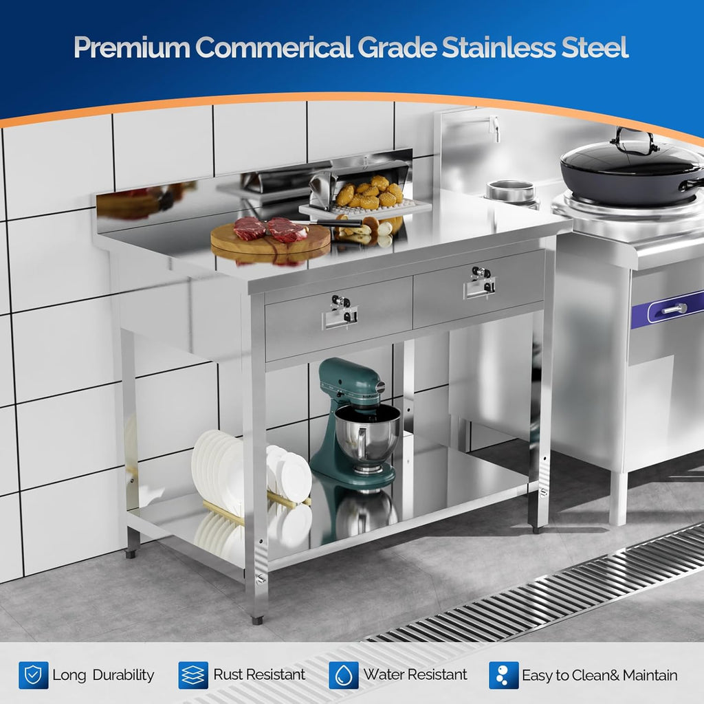 MEFEIR 42"x26" Heavy Duty Stainless Steel Commercial Prep Table with 2 Drawers & Undershelf - for Kitchen, Restaurant, Home, Garage