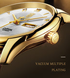 ROCOS Brand Luxury Golden Men's Watches High-end Business Simple Fashion Men's Watches Automatic Mechanical Watches Sun Pattern Brushed Dial Calfskin Strap Waterproof Men's Watches Week Calendar Display Gifts for Men