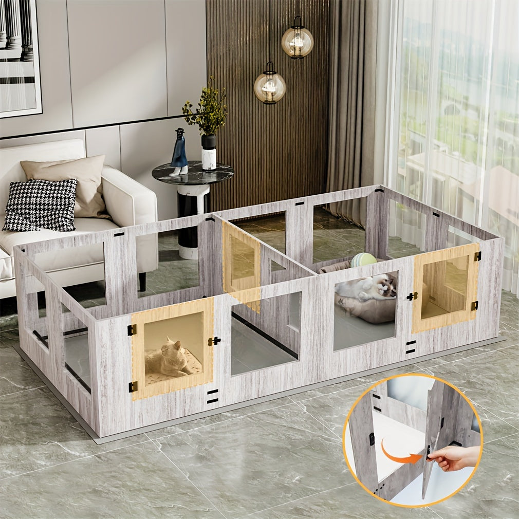XXL 14-Panel Dog Playpen & Whelping Box with Tempered Glass, Sturdy MDF Construction, and Safety Rails - Spacious Indoor/Outdoor Pet Enclosure for Dogs and Puppies, Puppy Playpen