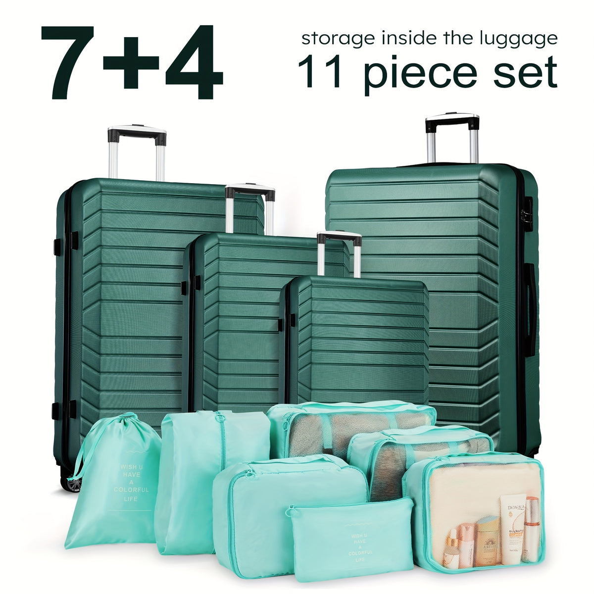 11pcs Luggage Set (4suitcases+7storage Bags) Large Capacity Luggage with Telescopic Handle Thick ABS Durable Hardshell with Dual 360°Swivel Wheels (20+24+28+32) Inch Suitcases