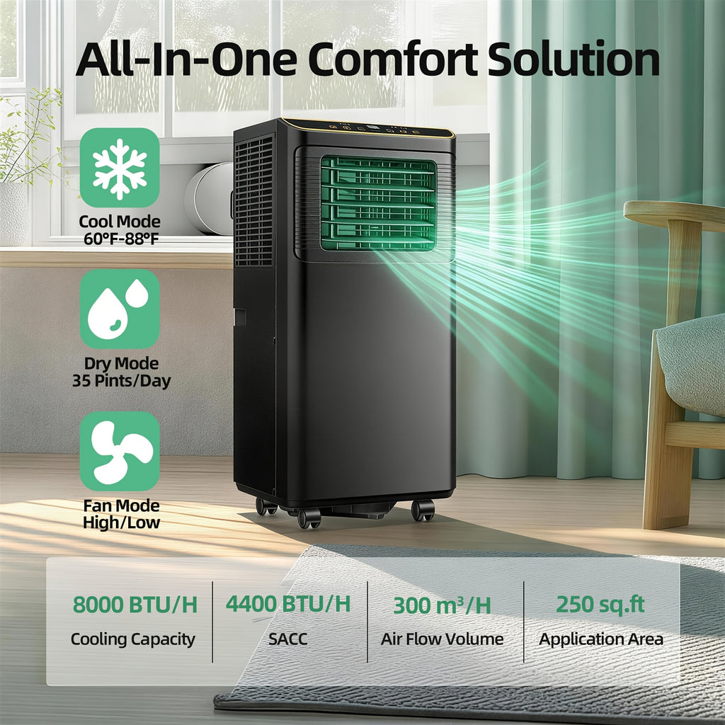 Portable Air Conditioner 4-In-1 Mobile AC Unit with Dehumidifier, Cooling Fan, Sleep, Remote, 24H Timer, Window Installation Kit, Black/White/Black & White