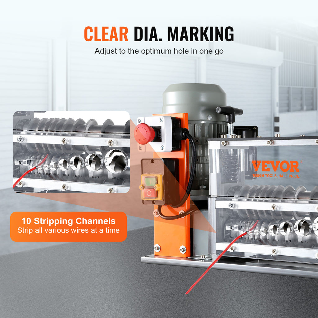 VEVOR Electric Wire Stripping Machine, 0.06''-1.26'' Automatic Wire Stripper Machine, 750 W, 98 ft/min Wire Stripper with Visible Stripping Depth Reference, 10 Channels Electric Wire Stripper