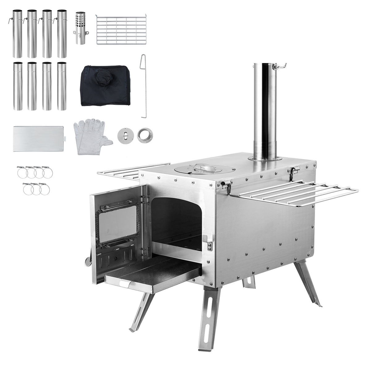 VEVOR Wood Stove, 86 inch, Stainless Steel Camping Tent Stove, Portable Wood Burning Stove with Chimney Pipes & Gloves, 3000in³Firebox Hot Tent Stove for Outdoor Cooking and Heating with 8 Pipes
