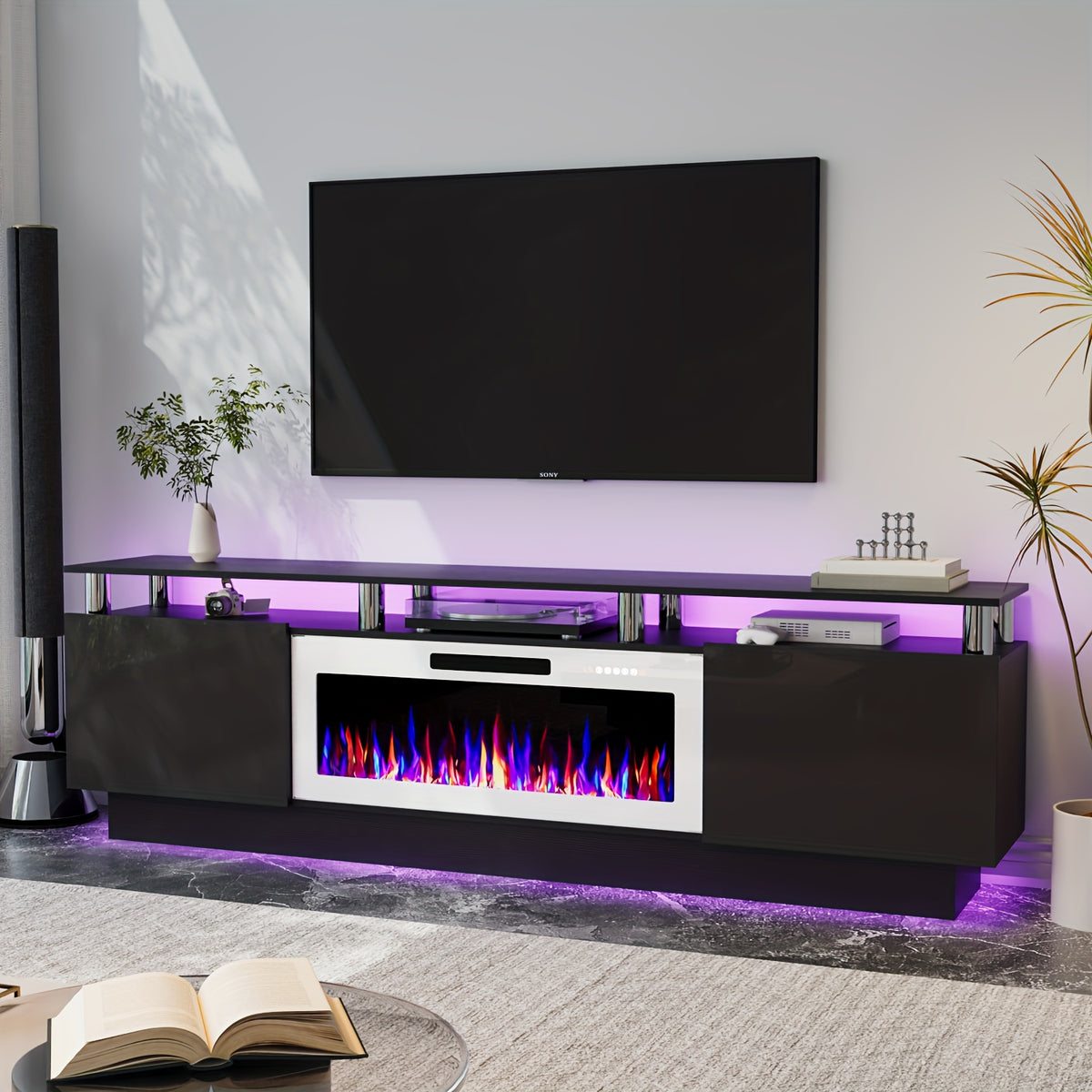 80 Inch LED Entertainment Center with 36 Inch Fireplace, for TVs Up to 90 Inches, Modern Wood TV Cabinet with High-gloss Storage, TV Stand with LED Light Strip Fireplace for Living Room