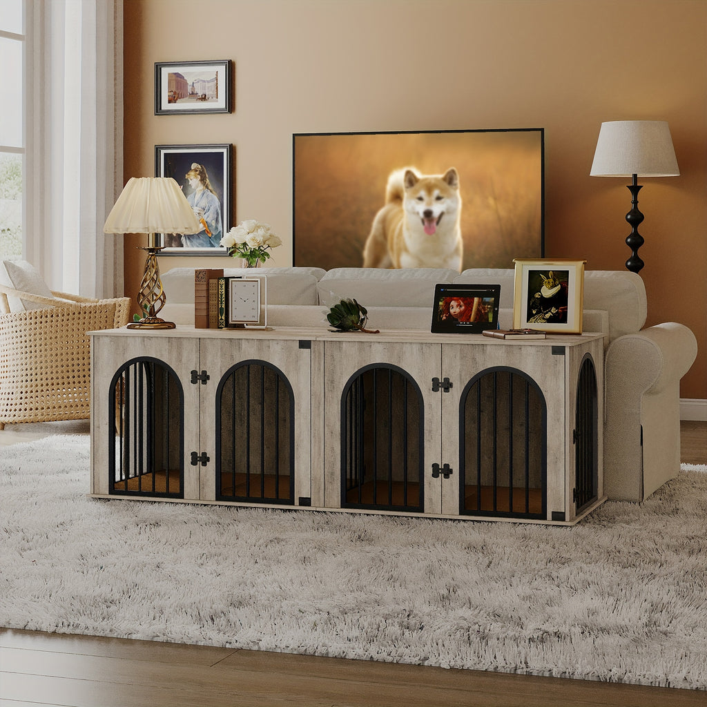 71" Heavy Duty Dog Kennels | Wooden Dog Crate Furniture for 2 Dogs, Small/Medium/Large, with Divider, Pads, Side Table, TV Cabinet, Anti-Chew, Anti-Escape, Black Golden/Greige/White/White Brown - HZUANERI