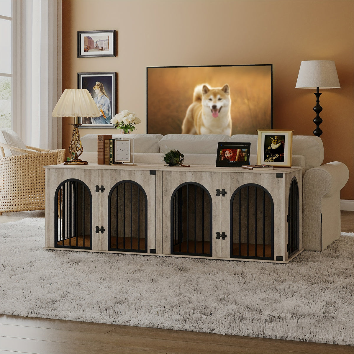71" Heavy Duty Dog Kennels | Wooden Dog Crate Furniture for 2 Dogs, Small/Medium/Large, with Divider, Pads, Side Table, TV Cabinet, Anti-Chew, Anti-Escape, Black Golden/Greige/White/White Brown - HZUANERI