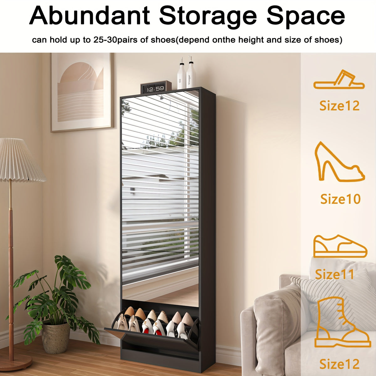 Shoe Storage Cabinet with Five Flip Mirrored Drawers and Double Rack for Entryway Organization