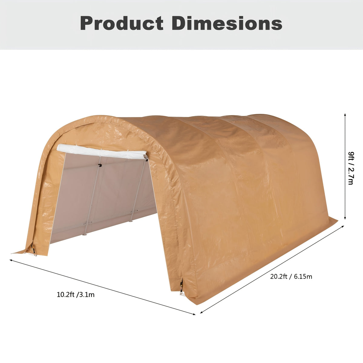 Outdoor Carport, Garage, Outdoor Storage, Courtyard Round Portable Garage, Outdoor 13 X 20ft Or 10 X 20ft Heavy Duty Carport, Tensioner And 2 Roll Up Doors Waterproof PE Fabric Car Port, Garage, Storage Shed, Tent for Storage, SUV, Brown/Grey