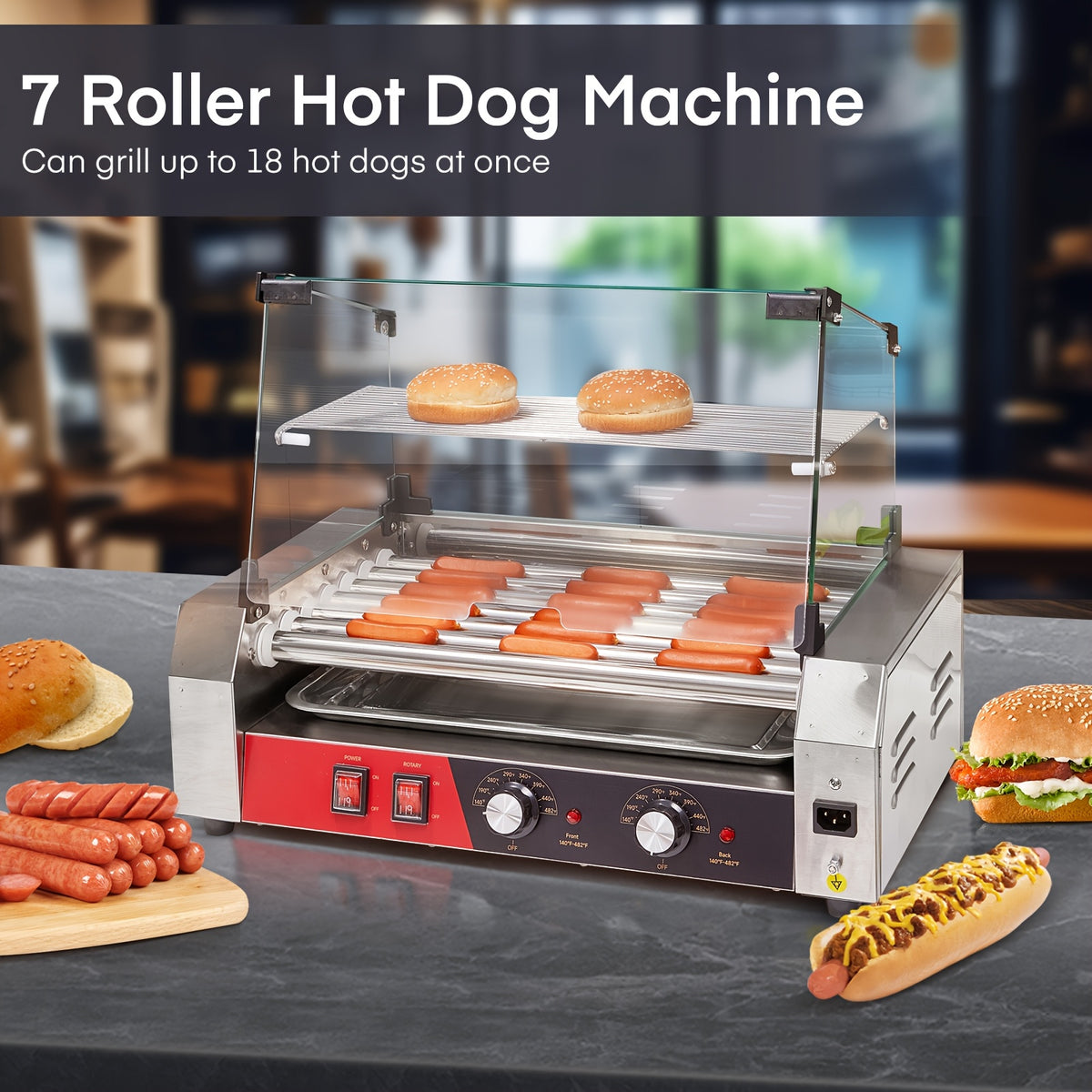 7 Rollers Hot Dog Roller, 19-24 Hot Dogs Capacity, Stainless Steel Hot Dog Machine with Bun Warmer Shelf, Dual Temp Control, Glass Cover, Removable Tray for Commercial And Party (1050W)
