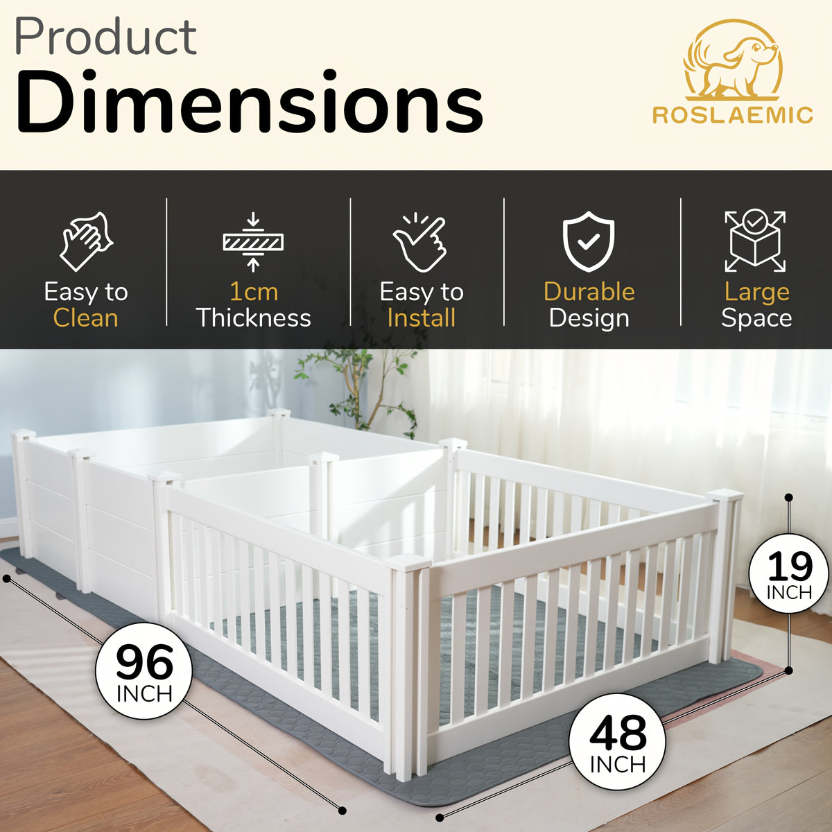 Dog Whelping Box Roslaemic 2-Room Design with Rails for Large and Extra-Large Dogs, White 96 x 48 x 19 in