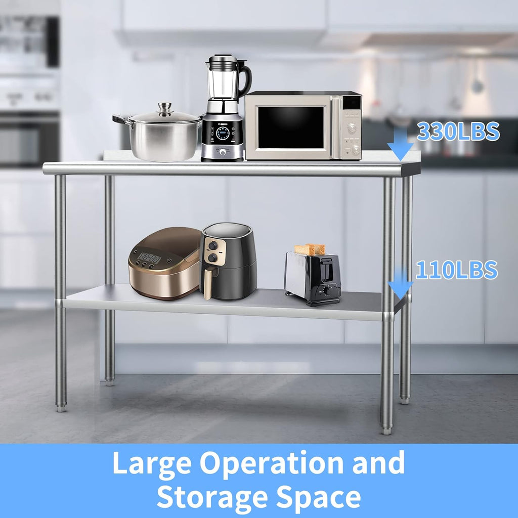 Stainless steel ready-made workbench, commercial heavy-duty workbench and workstation, suitable for metal dining tables in kitchens, restaurants, homes and hotels, with adjustable base frame and waterproof board