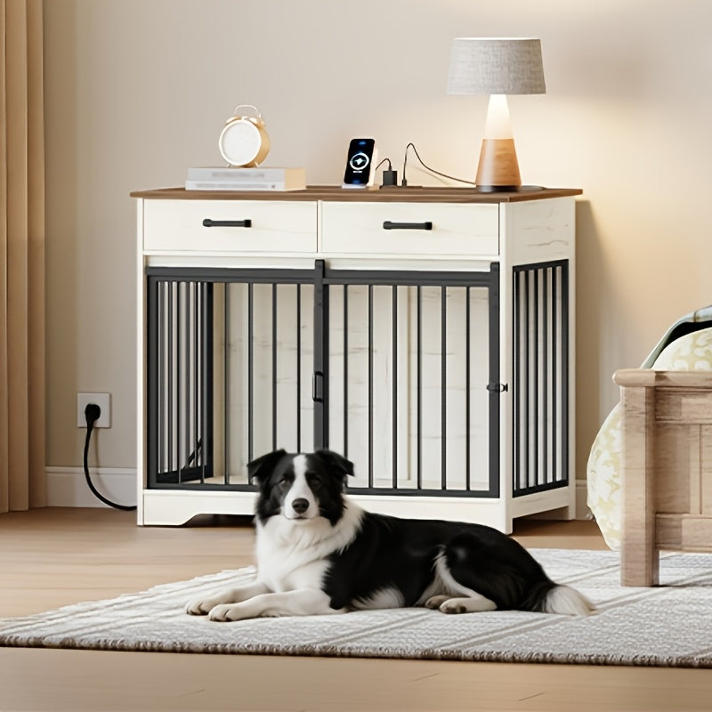 38.2'' Dog Crate Furniture with Charging Station, Barn Door Dog Kennel Indoor with 2 Storage Drawers, Wooden Pet Cage End Side Table for Medium/Large Dogs, Chew-Proof, Black/White Brown