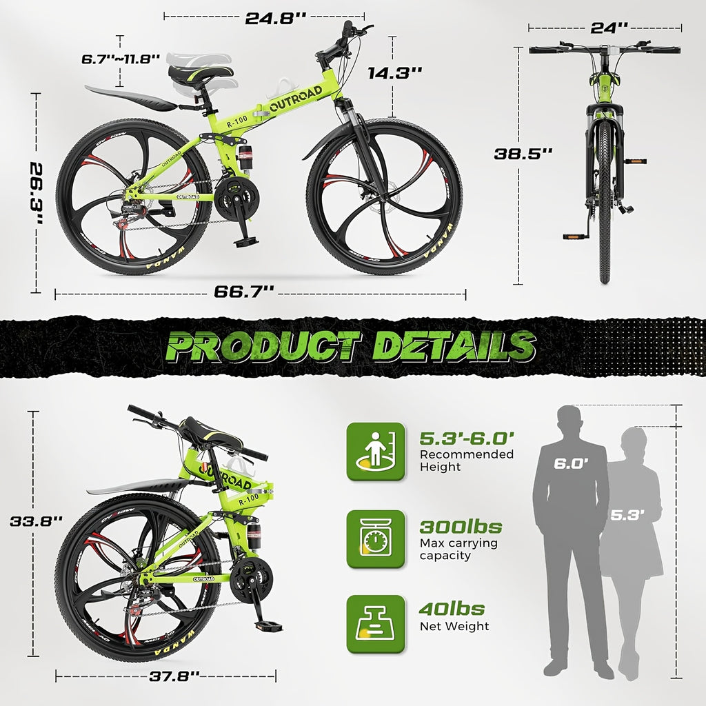 26 Inch Folding Mountain Bike, 21 Speed Full Suspension High-Carbon Steel MTB Foldable Bicycle, Dual Disc Brake Non-Slip Folding Bikes for Adults