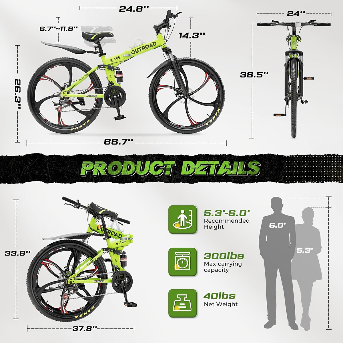 26 Inch Folding Mountain Bike, 21 Speed Full Suspension High-Carbon Steel MTB Foldable Bicycle, Dual Disc Brake Non-Slip Folding Bikes for Adults