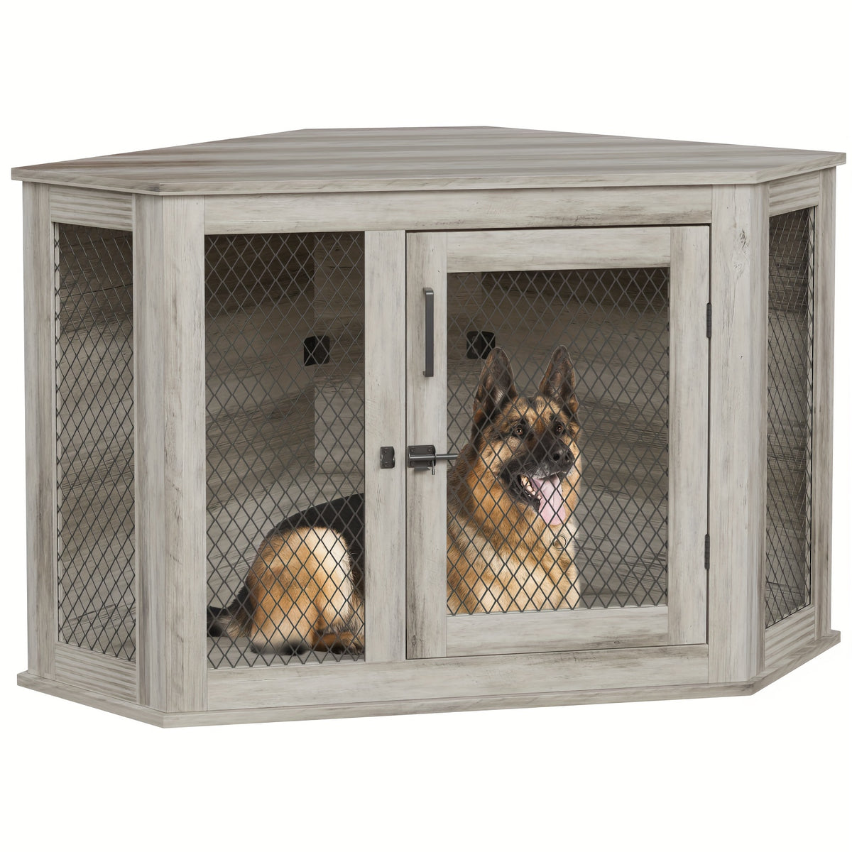 [Wooden Dog Kennel Furniture] Corner Dog Crate Furniture, 44/52Inch Wooden Dog Kennel Furniture with Mesh, Decorative Wood Dog House for Indoor Use, Dog Crate for Small/Medium Dog, Perfect for Limited Room