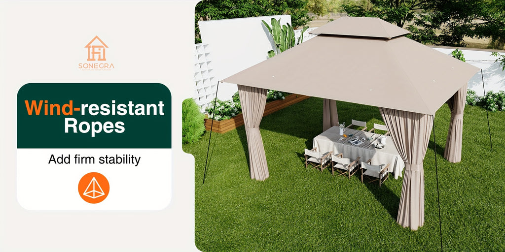 10'X12' Outdoor Double Ventilated Gazebo & Pergola On, Heavy Metal Frame Double Roof, Party Tent with Mosquito Net And Privacy Screen, Suitable for Backyard, Lawn, Garden, Deck (Grey/Beige/Blue 10'X12'/10'X10/8'X8')