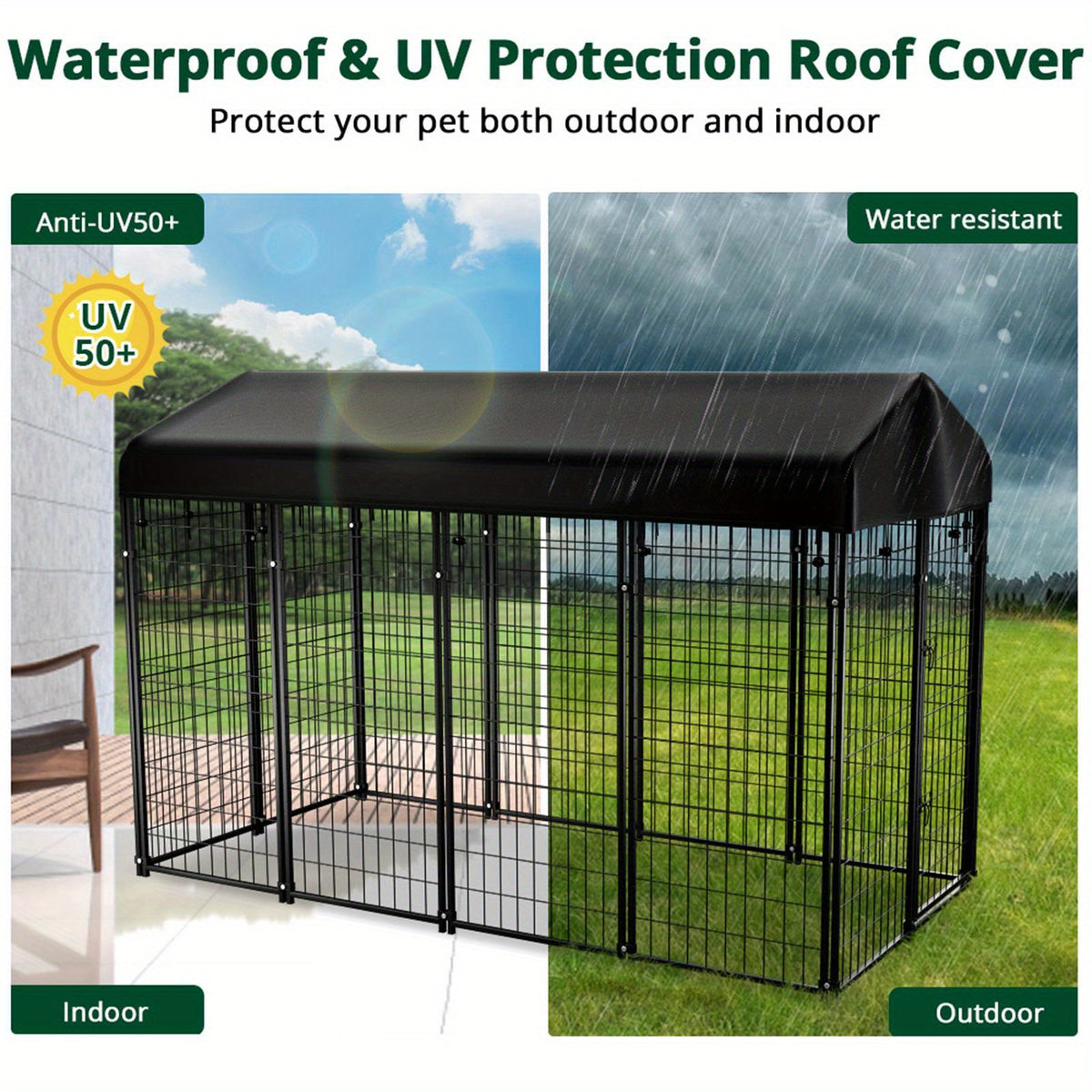 98"L x 49"W x 71"H Dog Kennel Outdoor with Waterproof Roof, 8x6x4ft Large Outdoor Kennel with Rotating Feeding Door, Bowls, Dog Cage for Outside Dog House Enclosure for Dogs, Cat, Rabbit