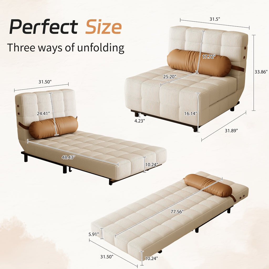 Convertible Single Sofa Bed | Foldable Chair Bed Sleeper with Adjustable Backrest & Pillow - Plush Corduroy Upholstery, Durable Metal Frame, Tufted Design for Living Room (Cream Beige/Brown)