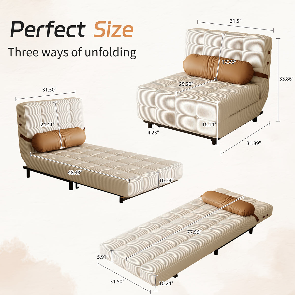 Convertible Single Sofa Bed | Foldable Chair Bed Sleeper with Adjustable Backrest & Pillow - Plush Corduroy Upholstery, Durable Metal Frame, Tufted Design for Living Room (Cream Beige/Brown)