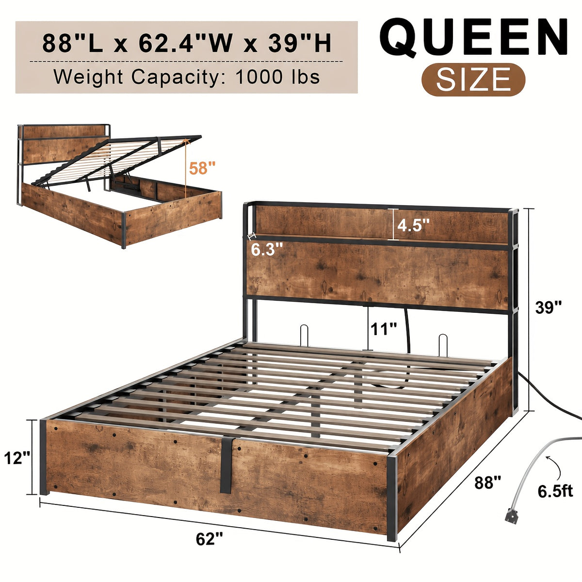 Lift Up Storage Bed Frame, Wooden Platform Bed Frame with Lifting Storage & Charging Station, No Spring Box Needed/Noise Free