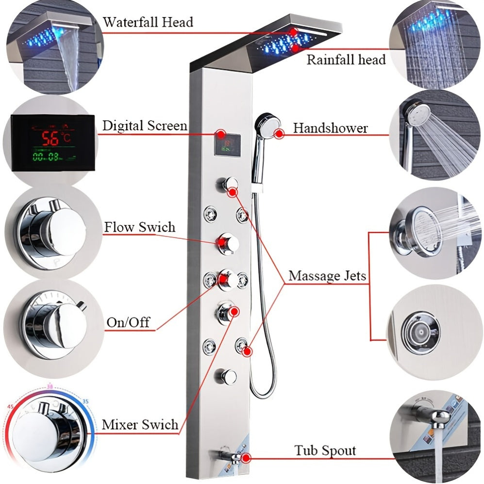 [Shower Panel Tower System] Shower Panel Tower System, Stainless Steel 6-Function Faucet LED Rainfall Waterfall Shower Head Handheld Sprayer Rain Massage Body Jets Tub Spout, Brushed Nickel, Shower System, Bathroom Decor And Accessories