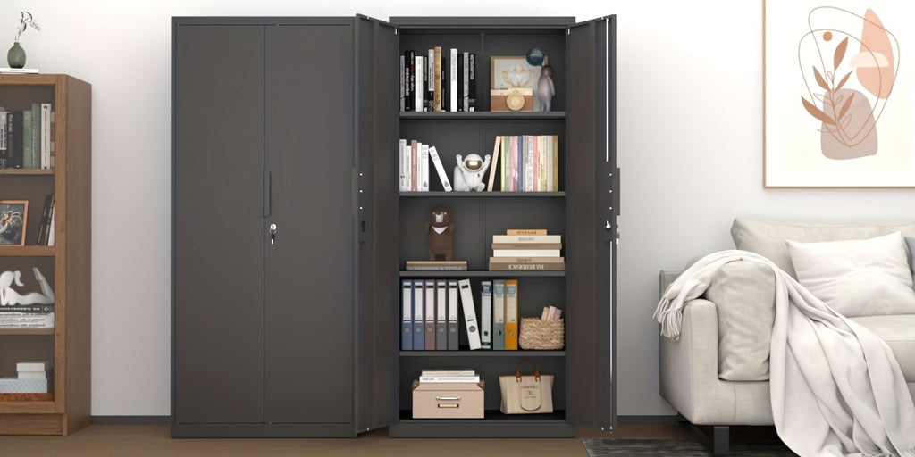 [Metal Storage Cabinet] 71"/72" Office Storage Lockers Metal Garage Storage Cabinet, Steel Locking Storage Cabinet With 2 Doors And 4 Adjustable Shelves For Home Office, Heavy Duty Metal Storage Cabinet For Warehouse, Kitchen, Garage, Black/White