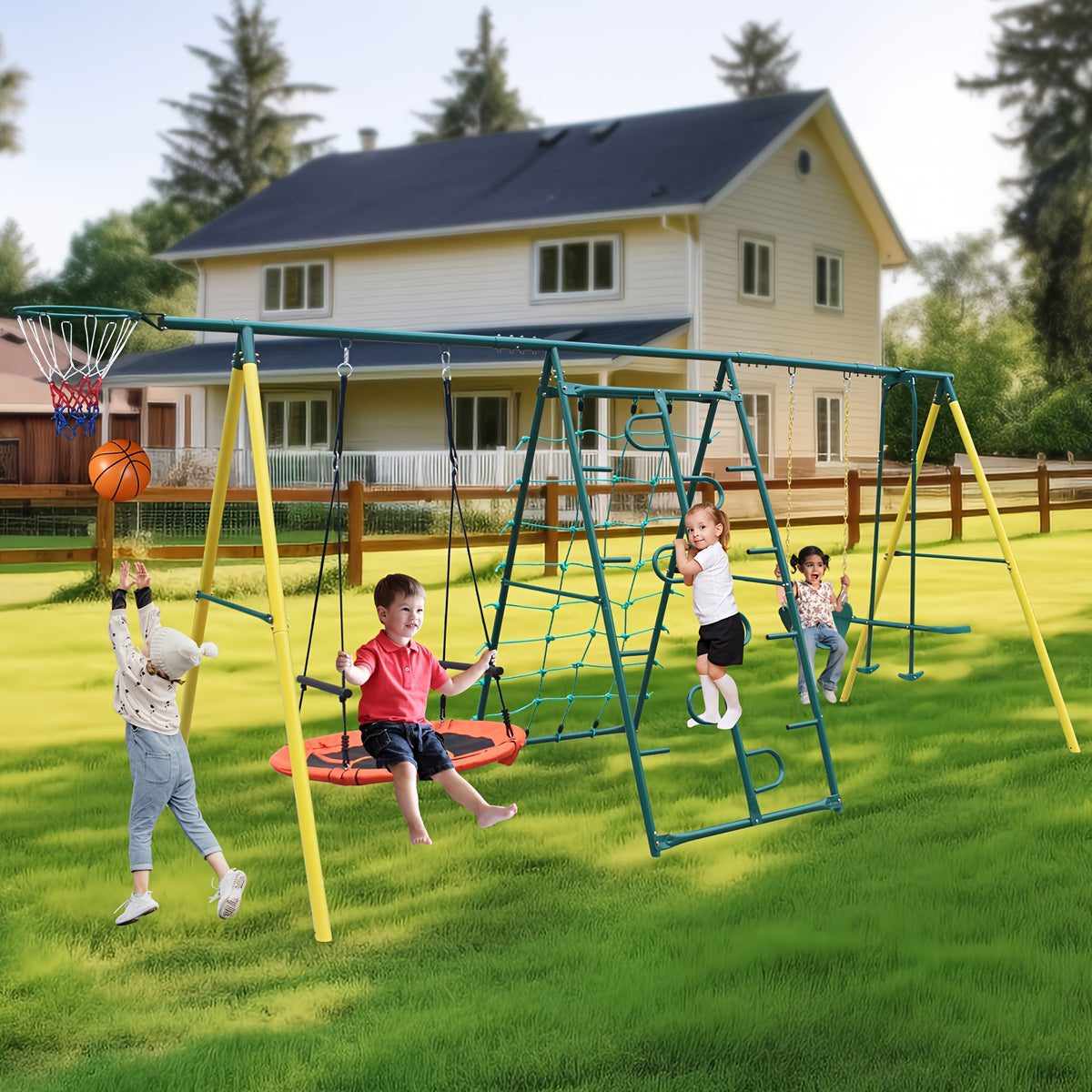 Swing Sets For Backyard With Saucer Swing, Belt Swing, Glider, Climbing Rope, Climbing Ladder, Basketball Rim, 6 In 1 Swing Set