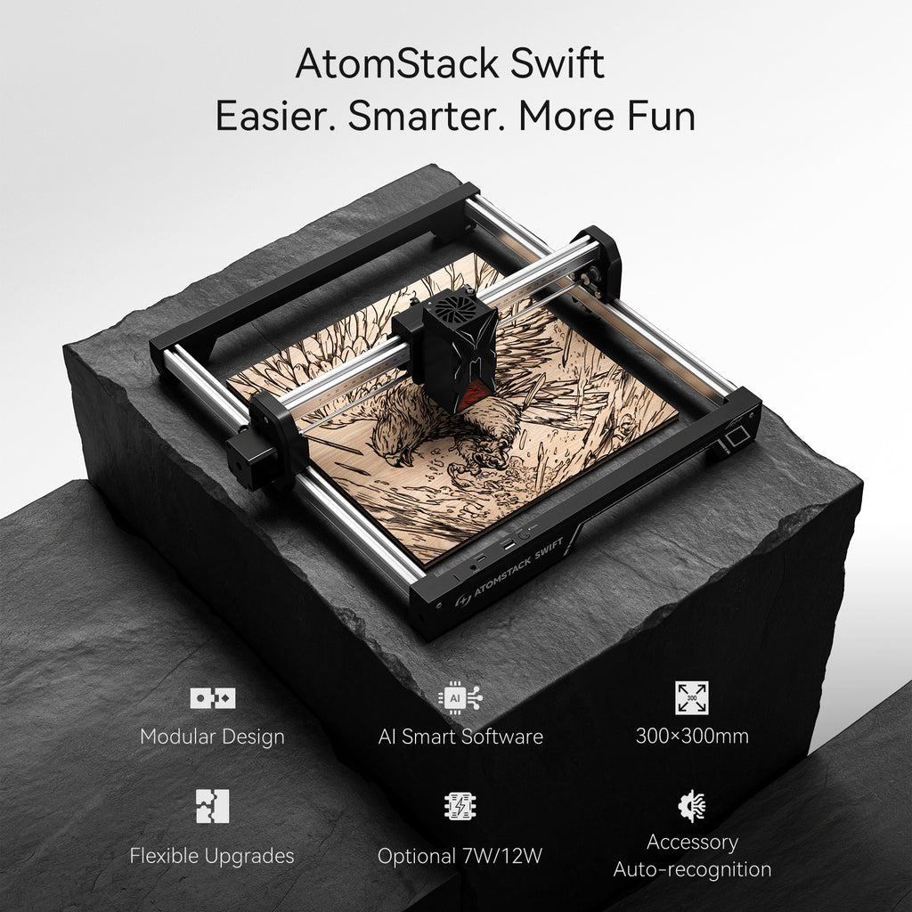 ATOMSTACK Swift Laser Engraver and Cutter Machine - 7W High Power, 300x300mm Work Area, Beginner-Friendly. AI Art Generation & Built-in Project Library, Compatible with Wood, Leather, Acrylic, Coated Metal. Perfect for Crafts, Jewelry Making
