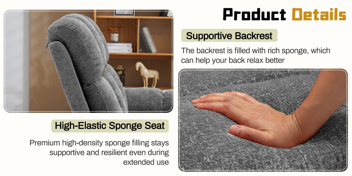 Living Room Single Chair, 360° Swivel Rocking Chair, Manual Rocking Chair for Small Spaces, Rocking Chair with Side Pockets And Armrest Storage, Deep Seat Cushion And Plush Backrest, Chenille Fabric, a Recliner Suitable for The Living Room