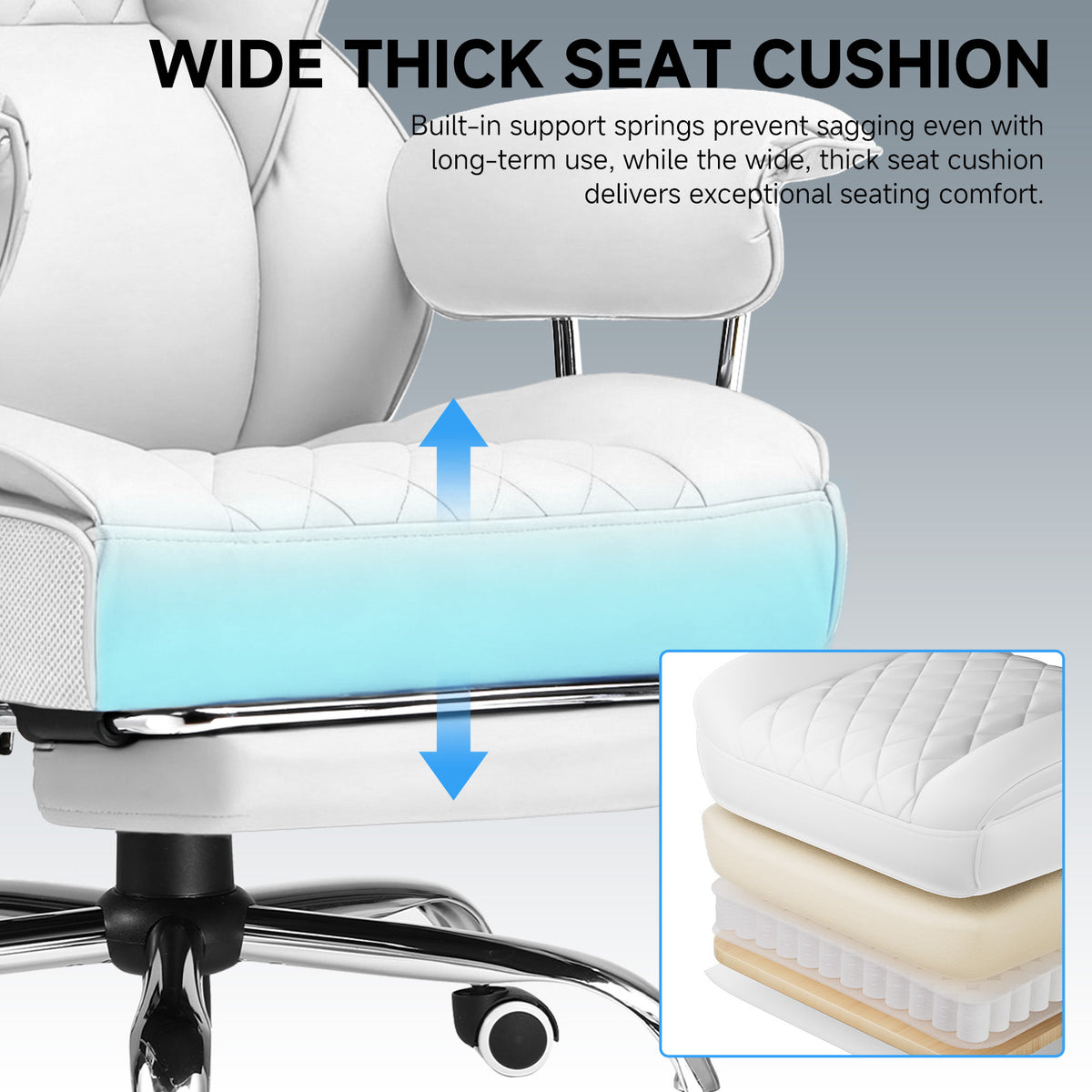 Executive Office Chair for Heavy People, Gaming Chair, Ergonomic Wide Desk Computer Chair with Pocket Spring Lumbar Support, Footrest, Outward Fixed Soft Armrests, High Back PU Leather, Height Adjustable, Big and Tall