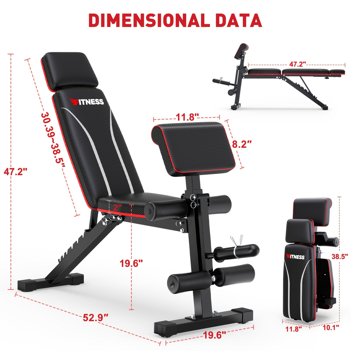 Adjustable & Multifunctional Workout Bench, 800Lbs Weight Capacity, Heavy Duty Weight Bench for Home Gym with Cushion Headrest, Leg Developer, Preacher Curl Pad, Foldable Design Strength Training Bench