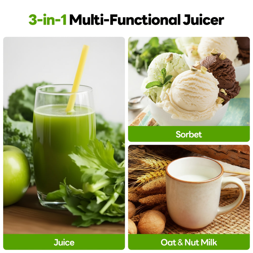 Cold Press Juicer With 6" Wide Feed Chute, 3-in-1 Slow Juicer With 3 Interchangeable Filters, For Juice/Sorbet/Nut Milk, Hands-Free & Easy Clean, Unique Housewarming & Graduation Gifts