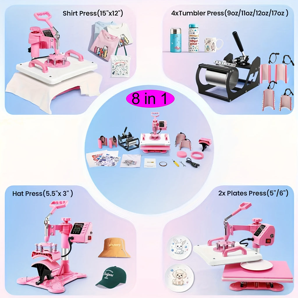 15"x15"/15"x12" - 8-in-1/ 5-in-1 Heat Press Machine Combo, Rotatable Design, Multi-Size Transfer Professional Sublimation Combination, Suitable for T-shirts, Bags, Pillows, Hats, Beanies, Roller - 3in 1 Auto Hat Press Can Only Press Hats