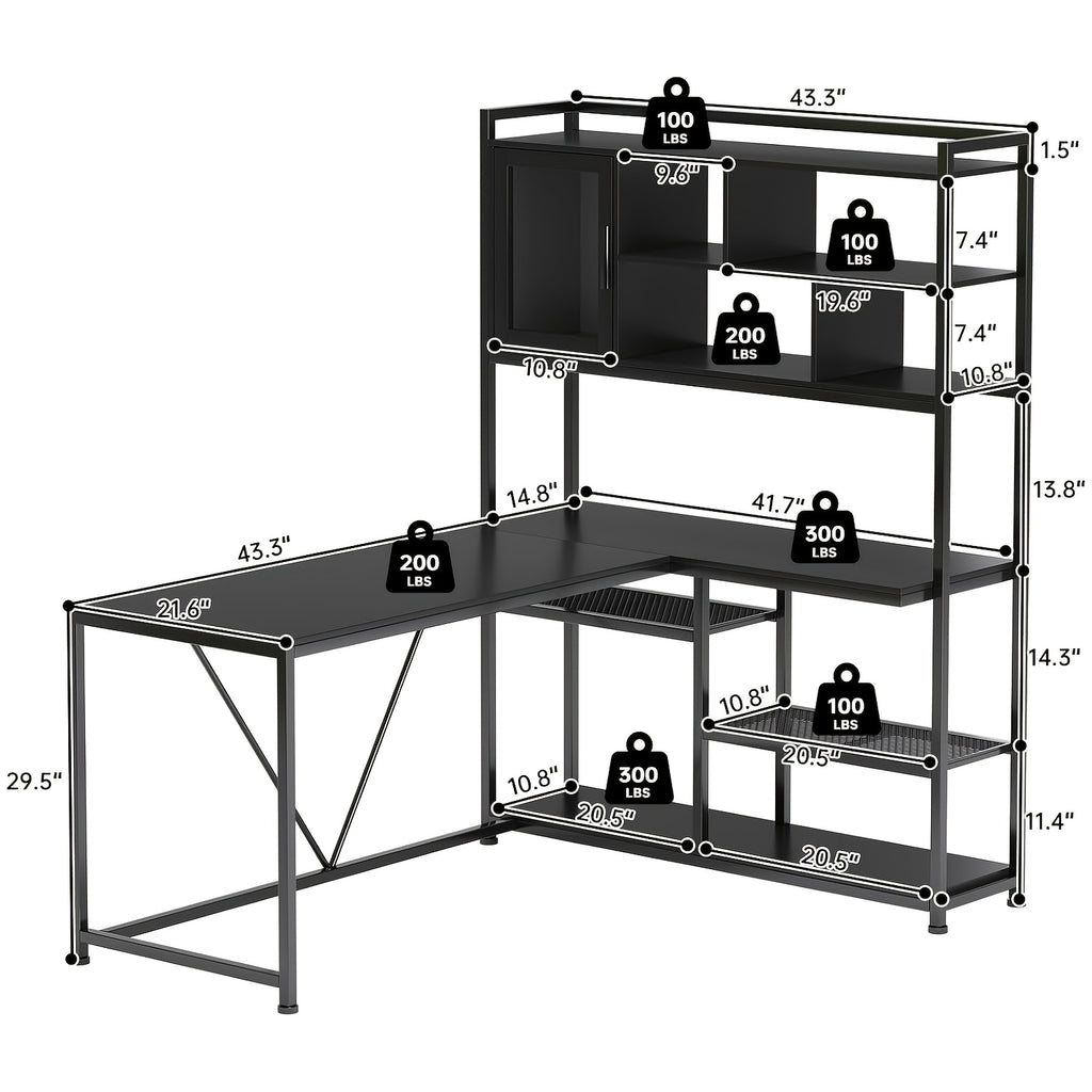 L-Shaped Computer Desk, Reversible 58-Inch Corner Workstation with 7-Tier Shelves and RGB LED Lighting
