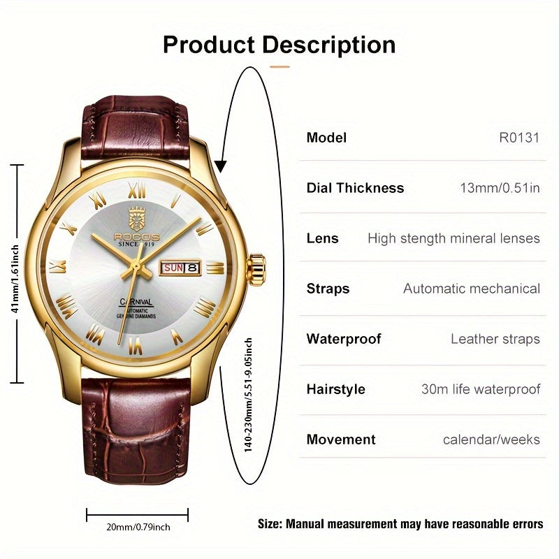 ROCOS Brand Luxury Golden Men's Watches High-end Business Simple Fashion Men's Watches Automatic Mechanical Watches Sun Pattern Brushed Dial Calfskin Strap Waterproof Men's Watches Week Calendar Display Gifts for Men
