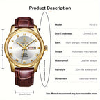 ROCOS Brand Luxury Golden Men's Watches High-end Business Simple Fashion Men's Watches Automatic Mechanical Watches Sun Pattern Brushed Dial Calfskin Strap Waterproof Men's Watches Week Calendar Display Gifts for Men