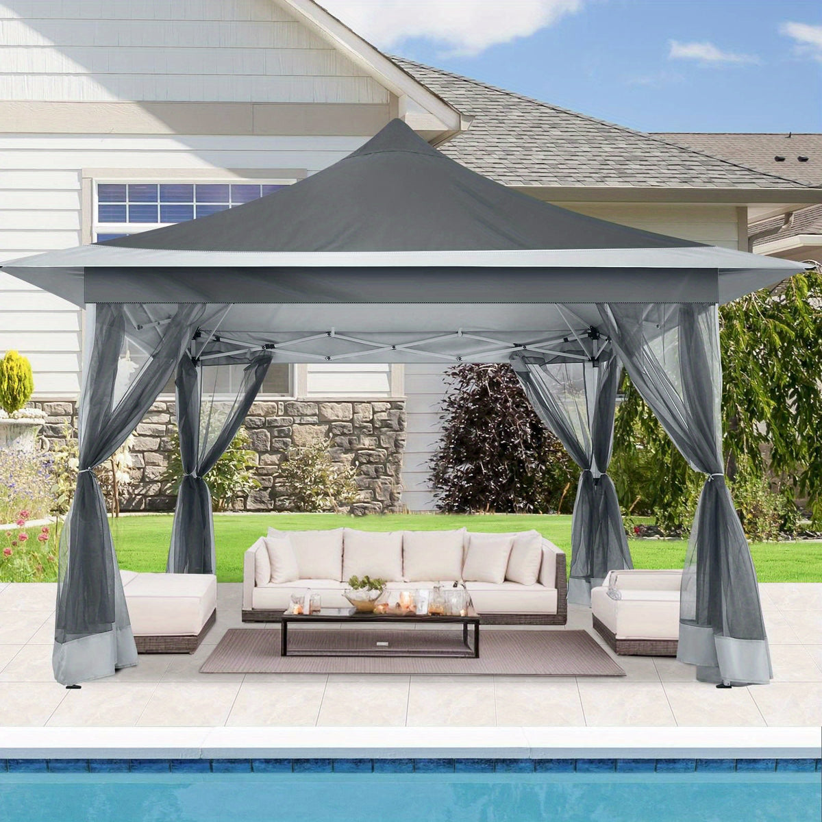 12x12ft Foldable Pop-up Tent, Home Decoration Party Canopy Gazebo with Mosquito Net, Including Carrying Bag and Sandbag, UV and Insect Repellent, Easy to Install, Perfect for Camping, Beach, Party, Yard, Villa, Lawn and Other Outdoor Events