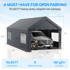10x20ft Heavy Duty Carport Canopy with Removable Sidewalls, Portable Garage Tent with Roll-Up Windows & Doors, Car Port with All-Season Tarp for Cars, Boats, Trucks