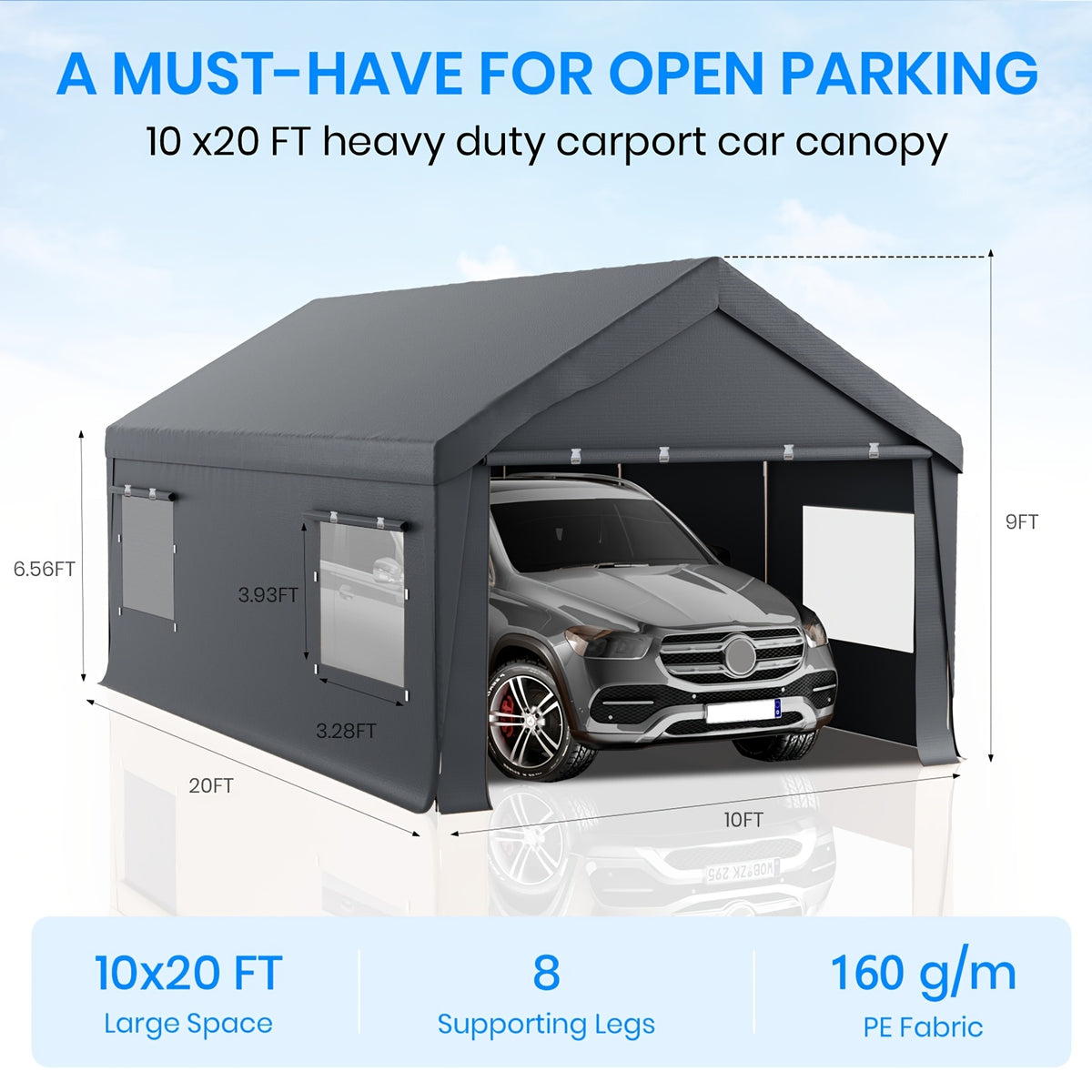 10x20ft Heavy Duty Carport Canopy with Removable Sidewalls, Portable Garage Tent with Roll-Up Windows & Doors, Car Port with All-Season Tarp for Cars, Boats, Trucks