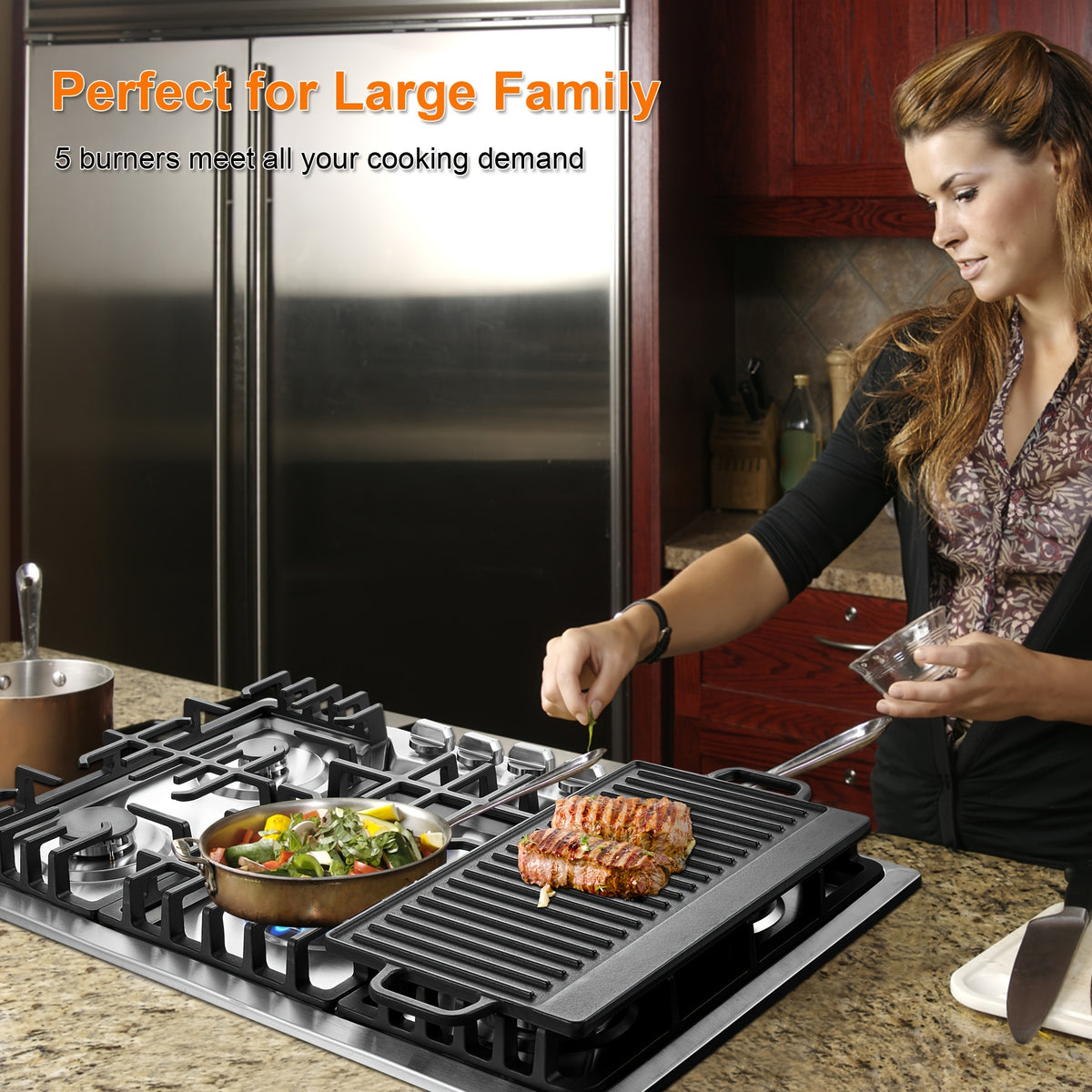 Bulit-In Gas Cooktop 30 Inch with Griddle, 5 Italy SABAF Powerful Burners, Max 48300 BTU Gas Stove Top, 304 Stainless Steel Panel, NG/LPG Convertible