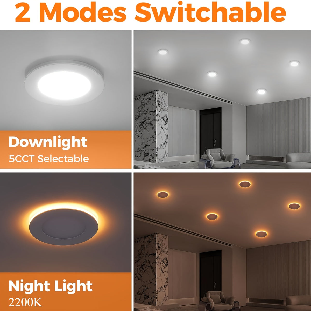 6/12/24-Pack 6-Inch 5CCT Recessed Night Lights (2200K), 6-Inch Canless LED Recessed Lights, 2700K-5000K Optional, 12W=130W, 1050LM Dimmable, ETL Certified