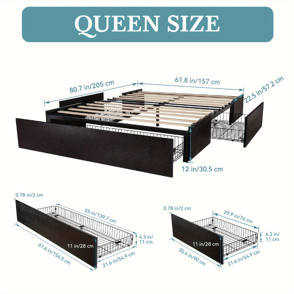HOOMIC Full/Queen Size Platform Bed Frame with 3 Storage Drawers, Linen Fabric/Faux Leather Upholstered, Headboard Compatible, Wooden Slat Support, No Box Spring Needed, Noise Free, Dark Grey/Black