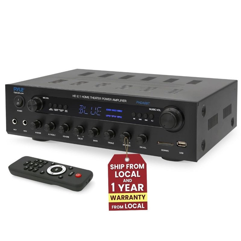 Home Entertainment Audio Amplifier with Bluetooth Wireless Streaming – Karaoke-Ready Stereo Receiver featuring Dual Microphone Inputs, USB-A and SD Card Media Support, FM Radio Function, and Multiple Audio Input and Output Options for Home Theater, Music
