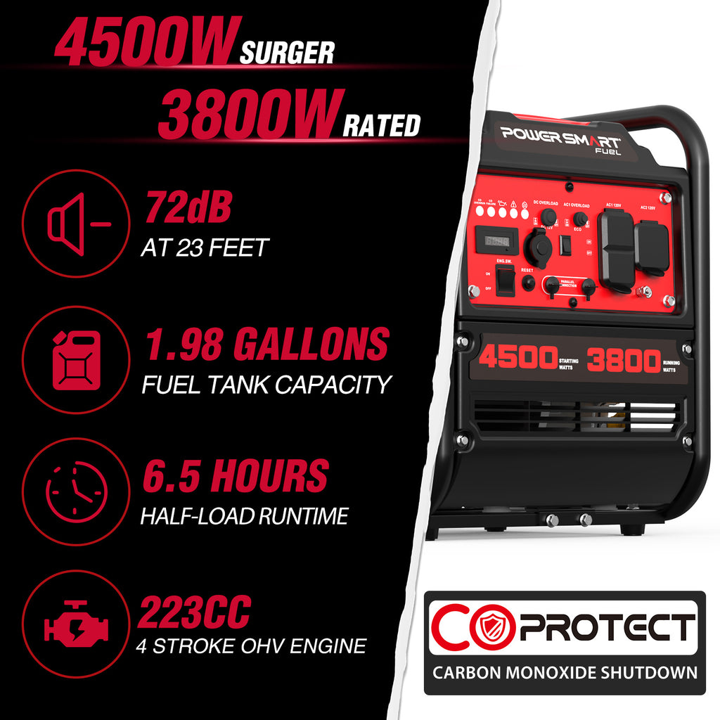 4500w 4-Stroke Portable Generator, CO Alarm, Lightweight & Quiet Gas Generator w/ 12V & USB Ports - Charge Phones, RV, Power Tools, Camping