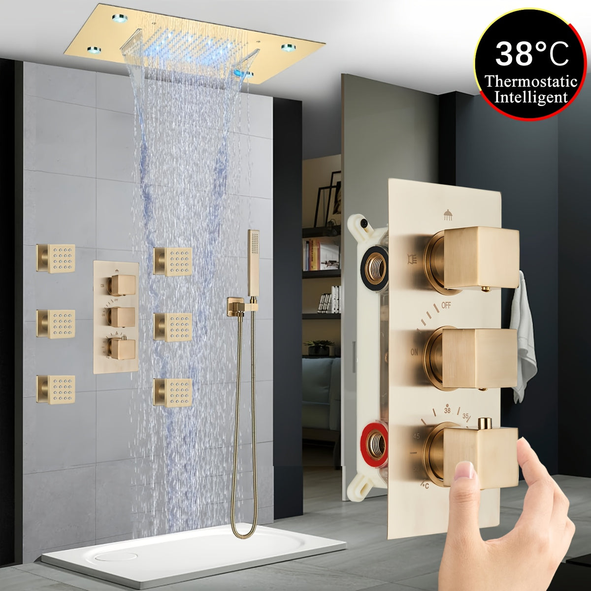 Thermostatic Shower System Set, Featuring a 14X20 Inch LED High-Pressure Rainfall Shower Head, a Luxurious Bathroom Combo with a Handheld Sprayer And Six Massage Body Jets, Including Rough-In Valve Body And Trim, Bathroom Additions in Matte Black