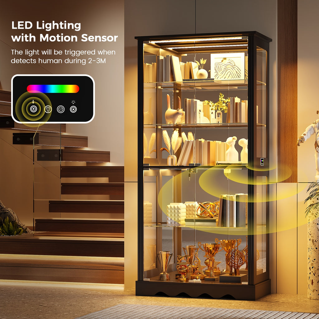 Display Cabinet with Glass Doors, 71'' Tall Curio Cabinet with RGB Lights for Collectibles, LED Display Case with Removable Shelf for Book/Medal/Figure, Black And White