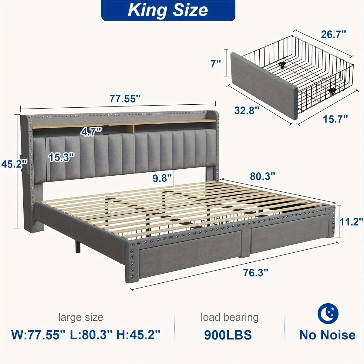 King Size Upholstered Bed Frame with Storage, 2-Tier Headboard And 2 Drawers, Sturdy Wood Slats, No Box Spring Needed, Noise-Free, Modern Grey/Beige, Easy Assembly, Space Saving